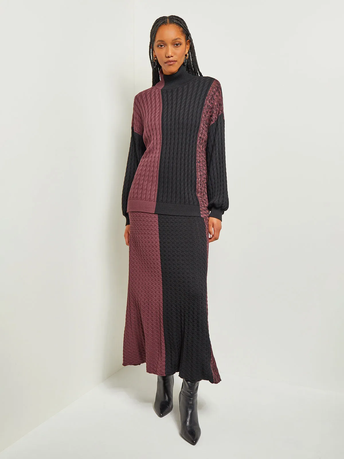 Colorblock Cable Knit Mock Neck Tunic