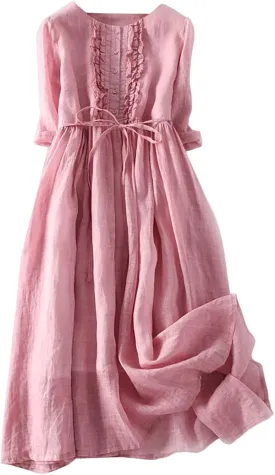 Cotton Linen Maxi Dresses for Women 2025 Button Down Plus Size A Line Dress Trendy 3/4 Sleeve Floral Dress Summer Dresses