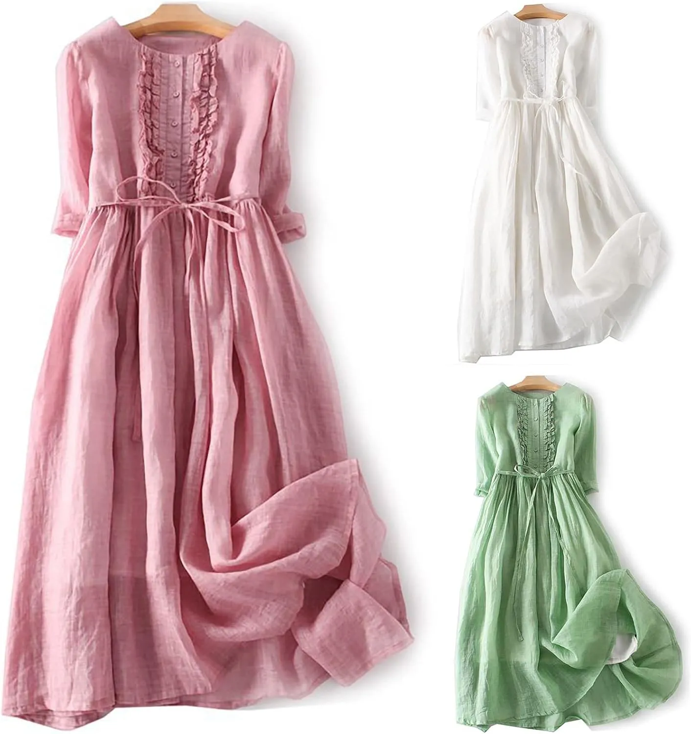 Cotton Linen Maxi Dresses for Women 2025 Button Down Plus Size A Line Dress Trendy 3/4 Sleeve Floral Dress Summer Dresses