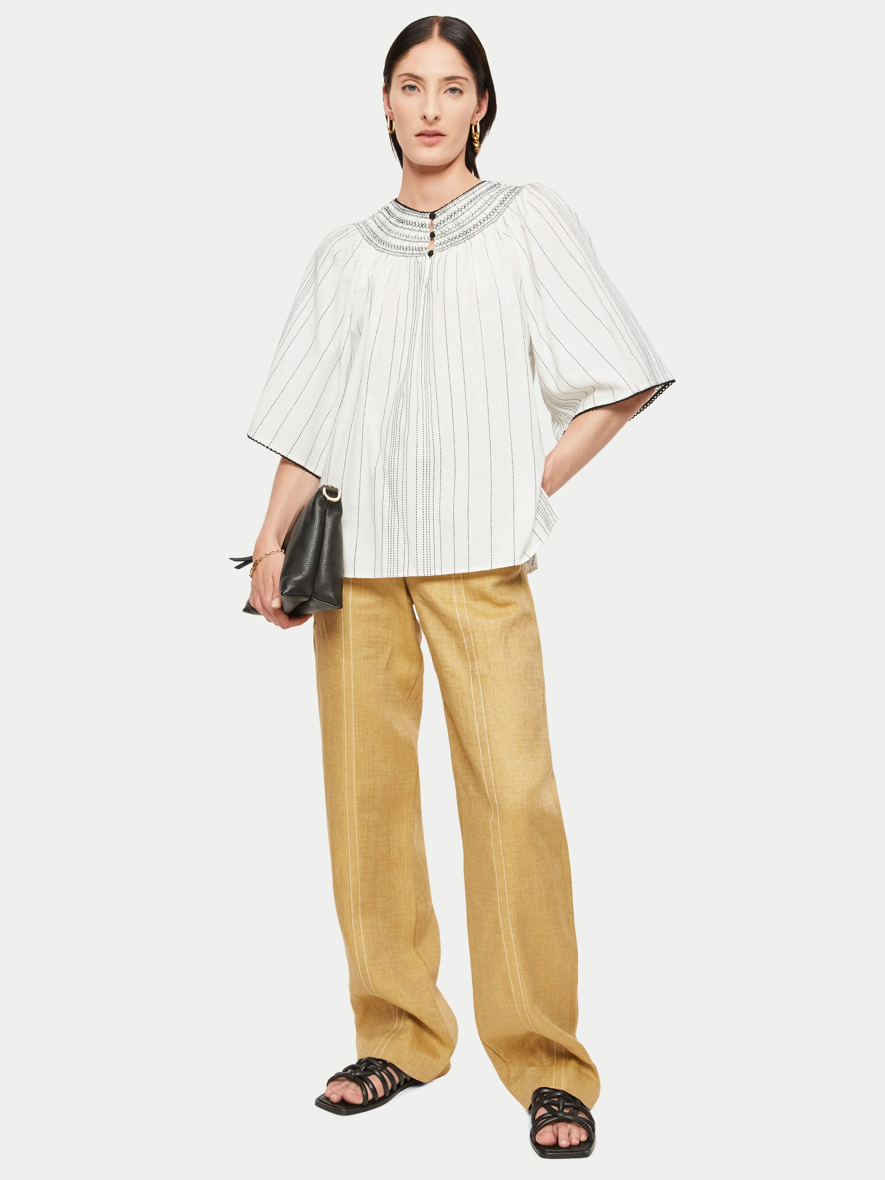 Cotton Stripe Smocked Top | White