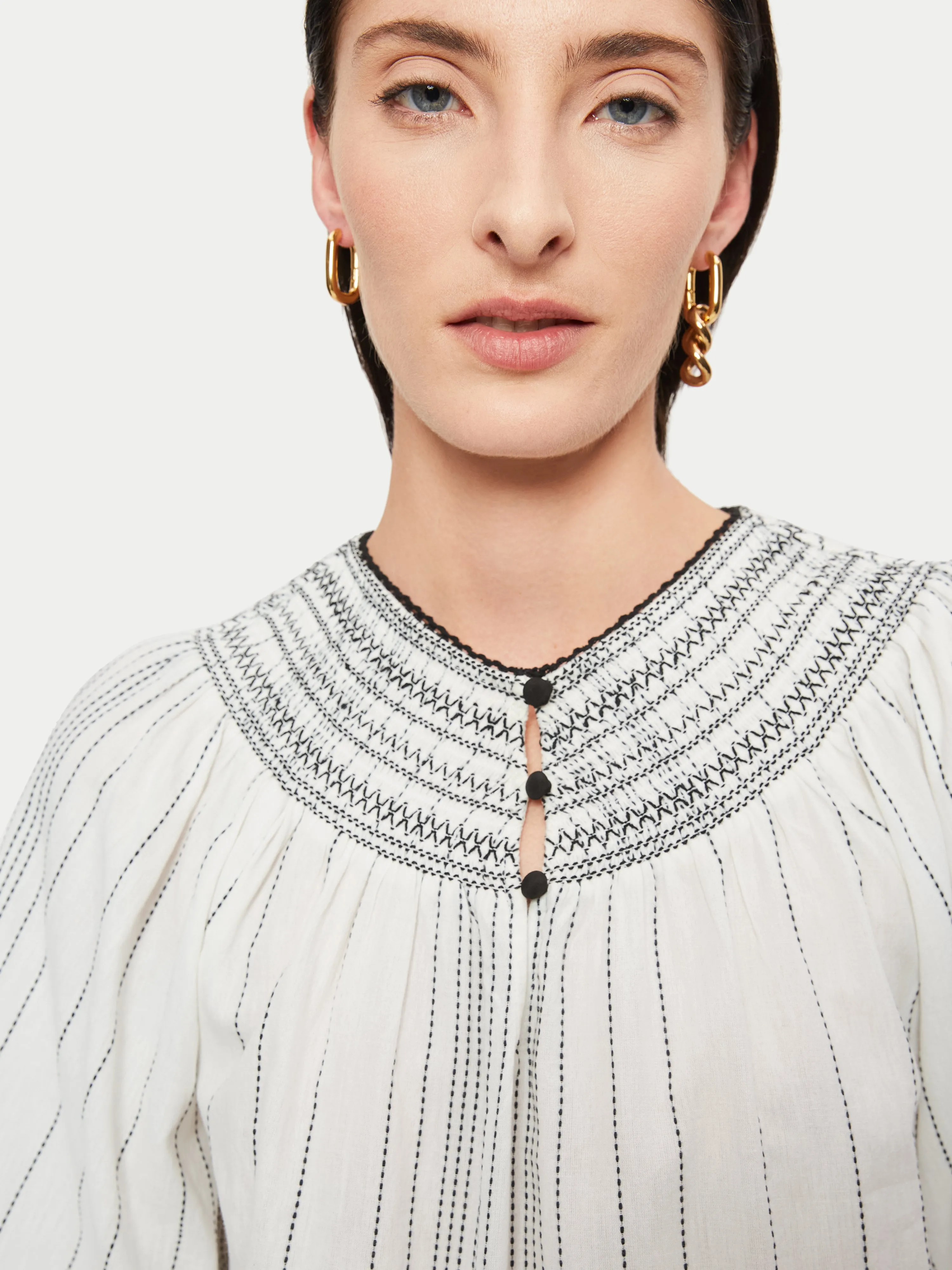 Cotton Stripe Smocked Top | White