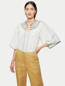 Cotton Stripe Smocked Top | White