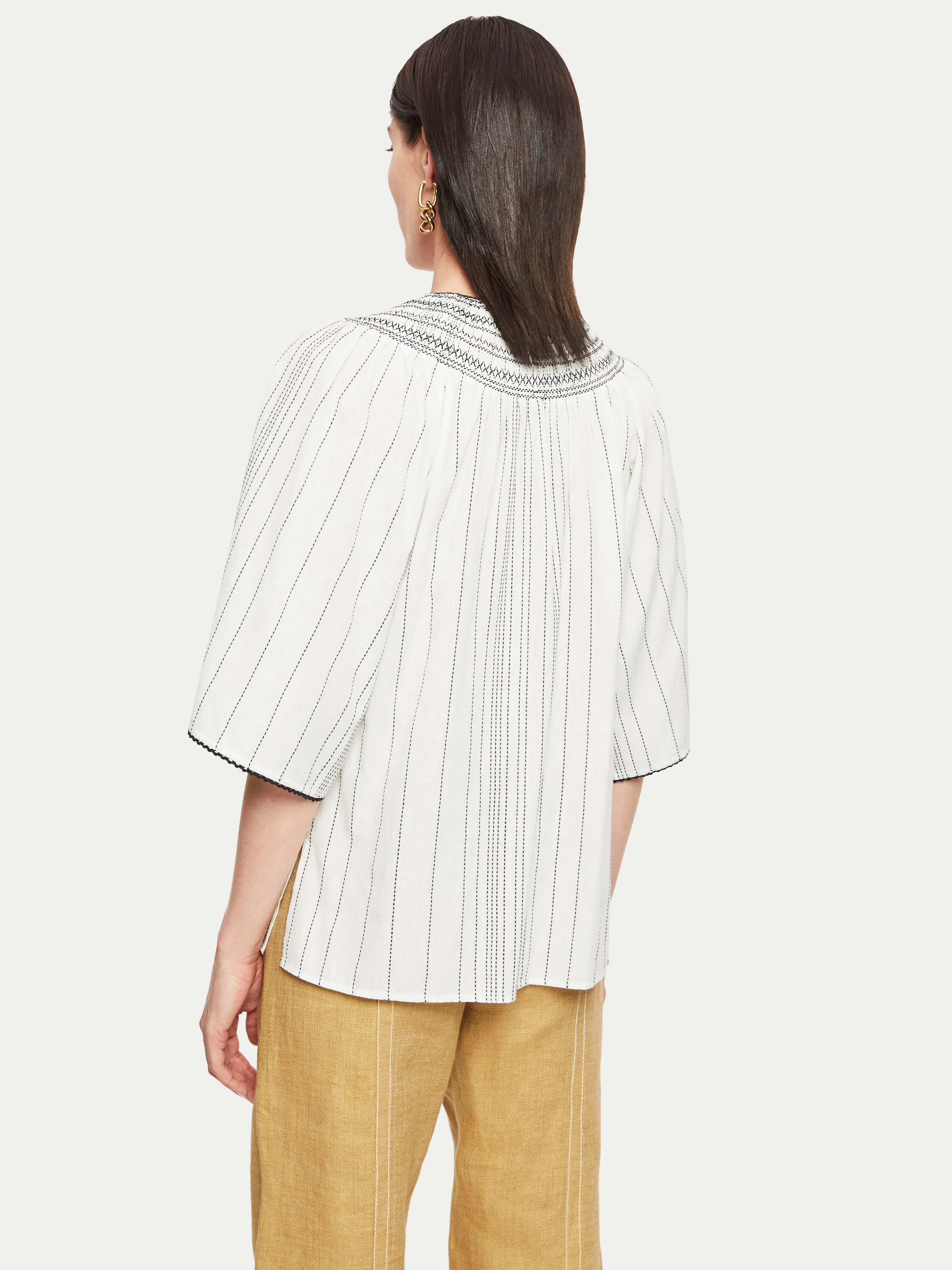 Cotton Stripe Smocked Top | White
