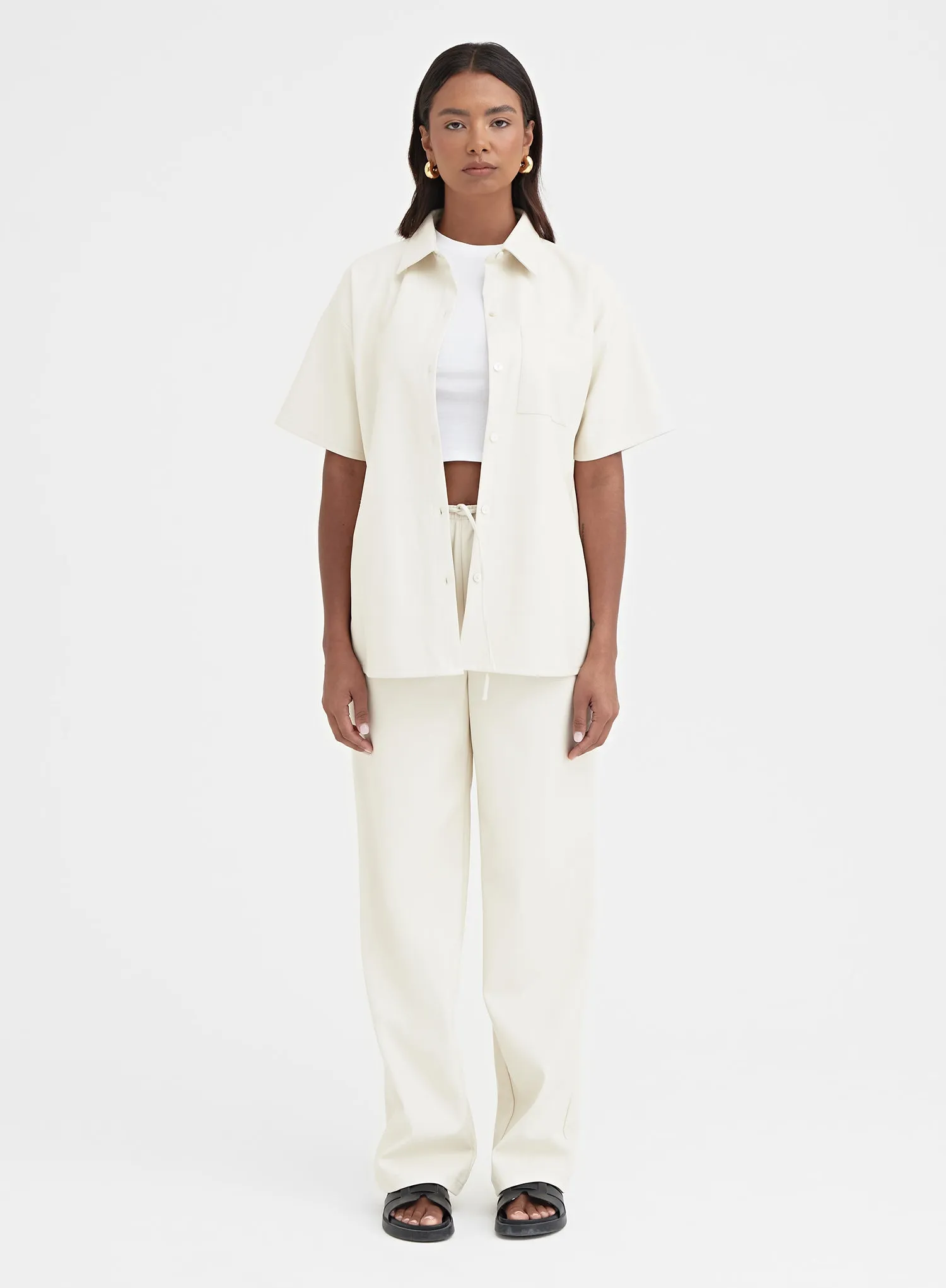 Cream Elasticated Faux Leather Trouser - Gabbi