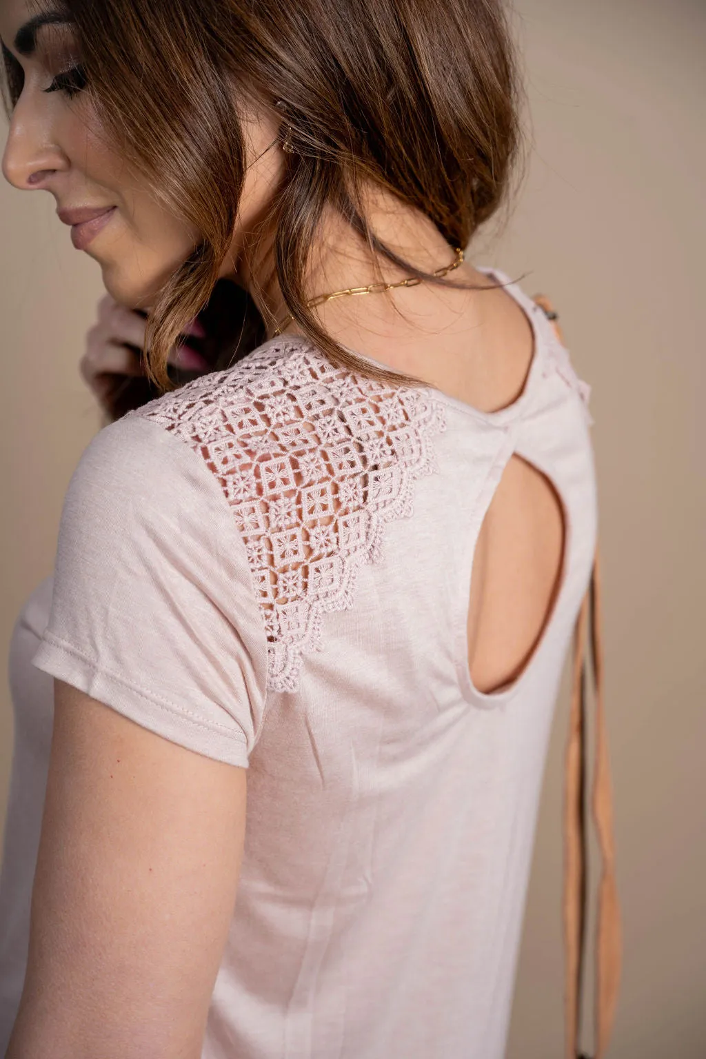 Crotcheted Shoulder Ruffle Bottom Tee