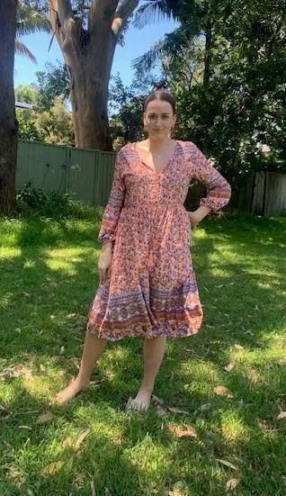 D8640PK Silver Wishes Pink Floral Long- Sleeved Dress