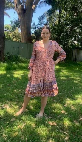 D8640PK Silver Wishes Pink Floral Long- Sleeved Dress