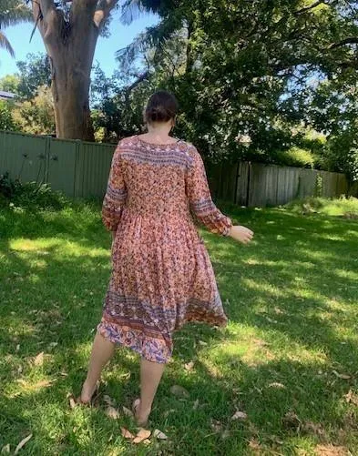 D8640PK Silver Wishes Pink Floral Long- Sleeved Dress