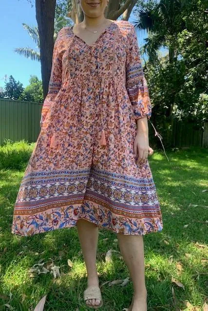 D8640PK Silver Wishes Pink Floral Long- Sleeved Dress