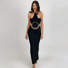 Edgy Chain Linked Halter Backless Cut Out Slit Textured Bandage Maxi Evening Dress