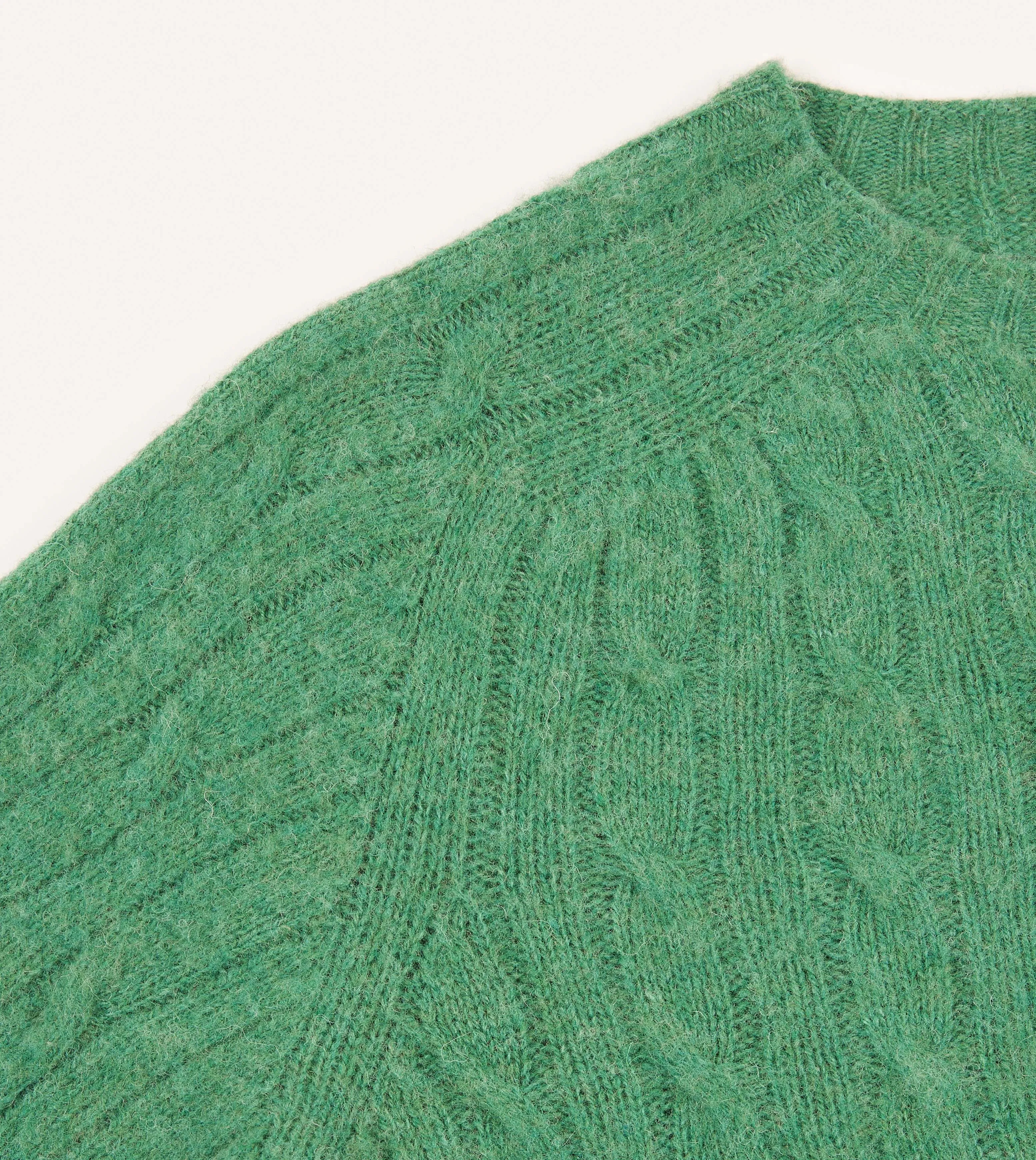 Emerald Green Brushed Cable Knit Shetland Crew Neck Jumper