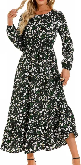Flowy Dresses for Women Boho Floral Print Puff Long Sleeve Crewneck Maxi Dress Fall Elegant Aline HOCO Dresses 2024