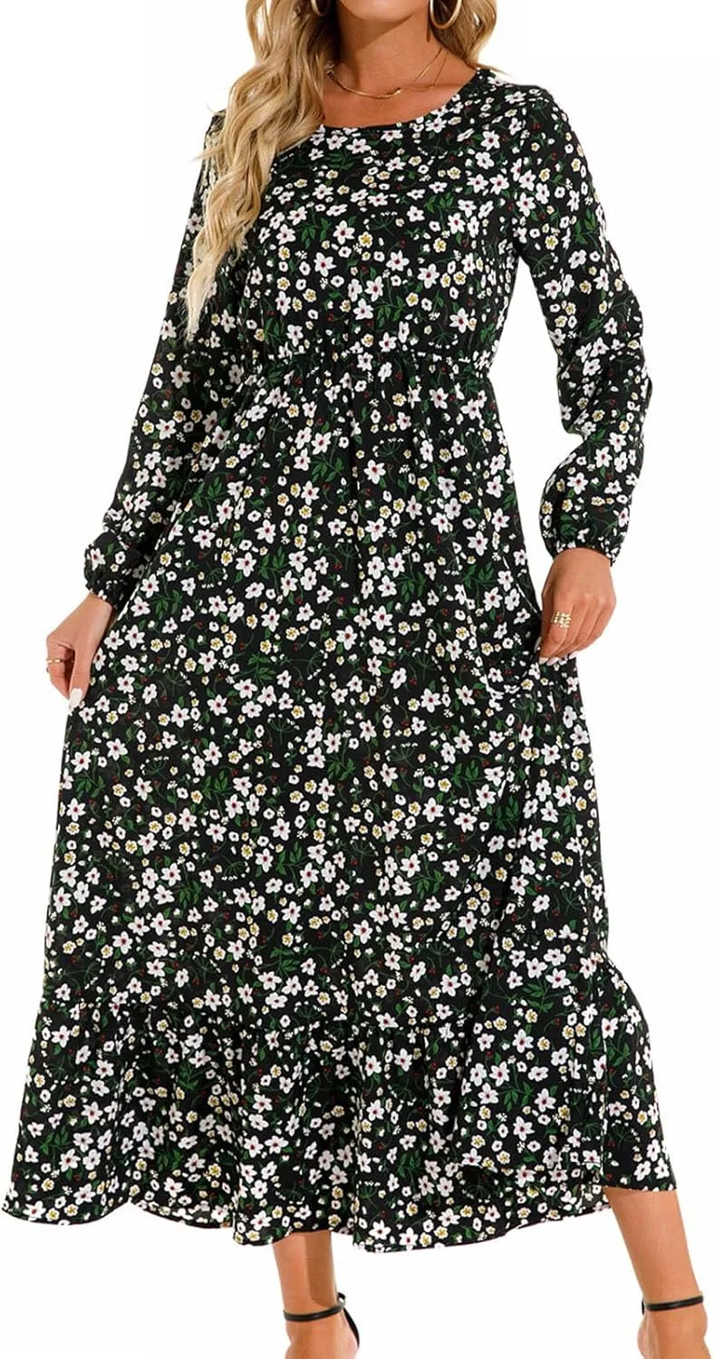 Flowy Dresses for Women Boho Floral Print Puff Long Sleeve Crewneck Maxi Dress Fall Elegant Aline HOCO Dresses 2024