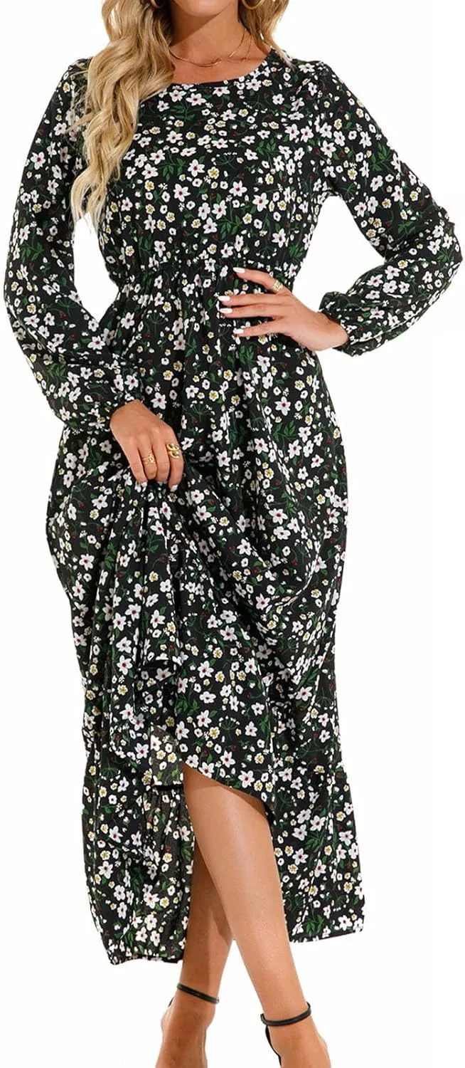 Flowy Dresses for Women Boho Floral Print Puff Long Sleeve Crewneck Maxi Dress Fall Elegant Aline HOCO Dresses 2024