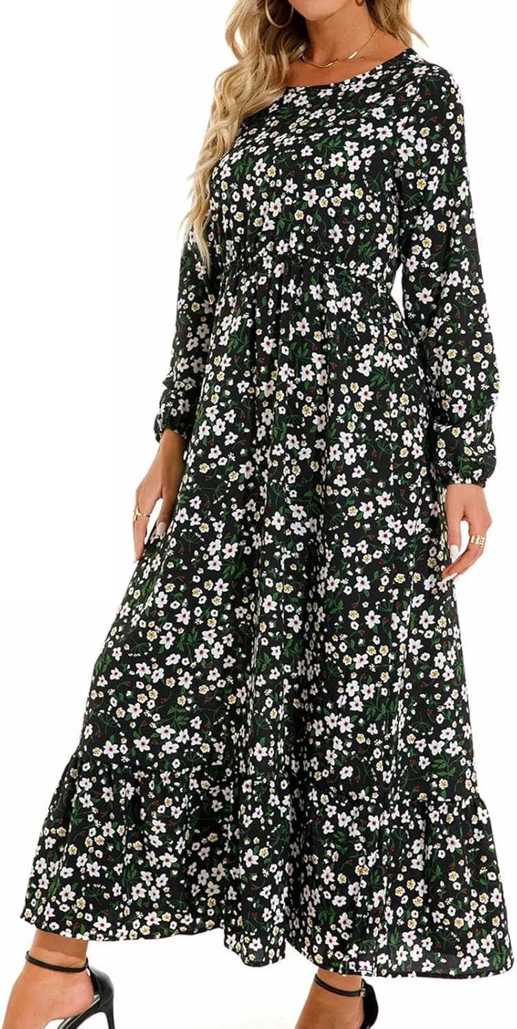Flowy Dresses for Women Boho Floral Print Puff Long Sleeve Crewneck Maxi Dress Fall Elegant Aline HOCO Dresses 2024