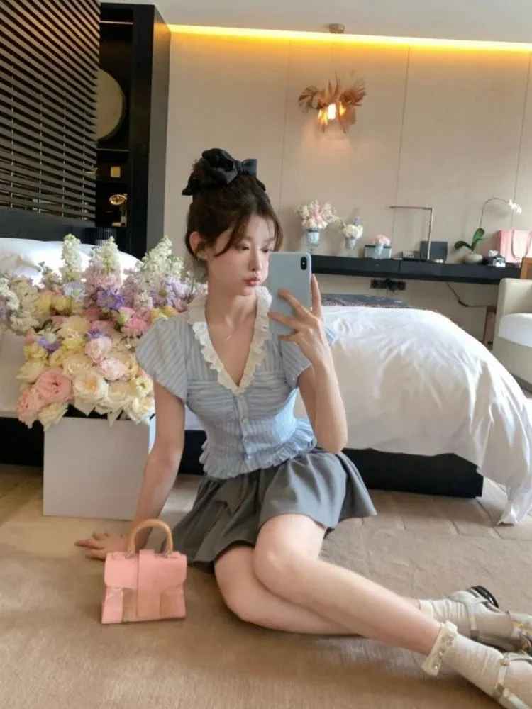 Girlary 2024 New Japanese Style Kawaii Suit Girls Cute Stripe Slim Bouse   Bow Y2k Mini Skirt Korean Fashion Sweet Skirt Set Woman Chic
