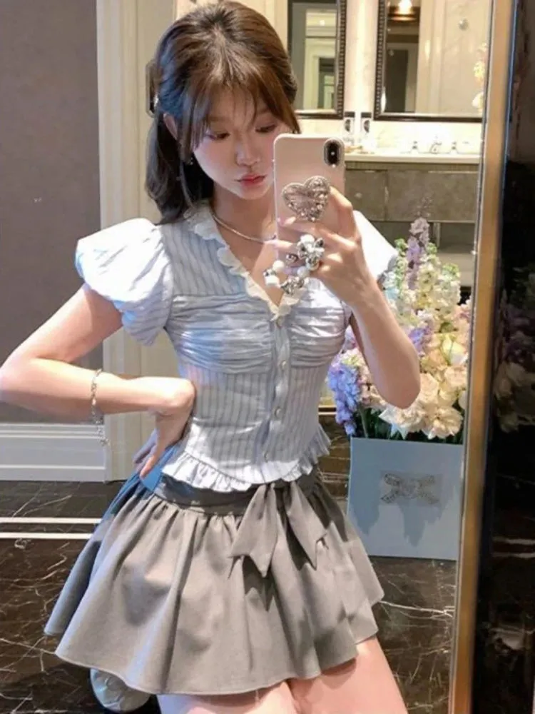Girlary 2024 New Japanese Style Kawaii Suit Girls Cute Stripe Slim Bouse   Bow Y2k Mini Skirt Korean Fashion Sweet Skirt Set Woman Chic