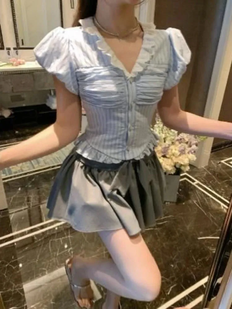 Girlary 2024 New Japanese Style Kawaii Suit Girls Cute Stripe Slim Bouse   Bow Y2k Mini Skirt Korean Fashion Sweet Skirt Set Woman Chic