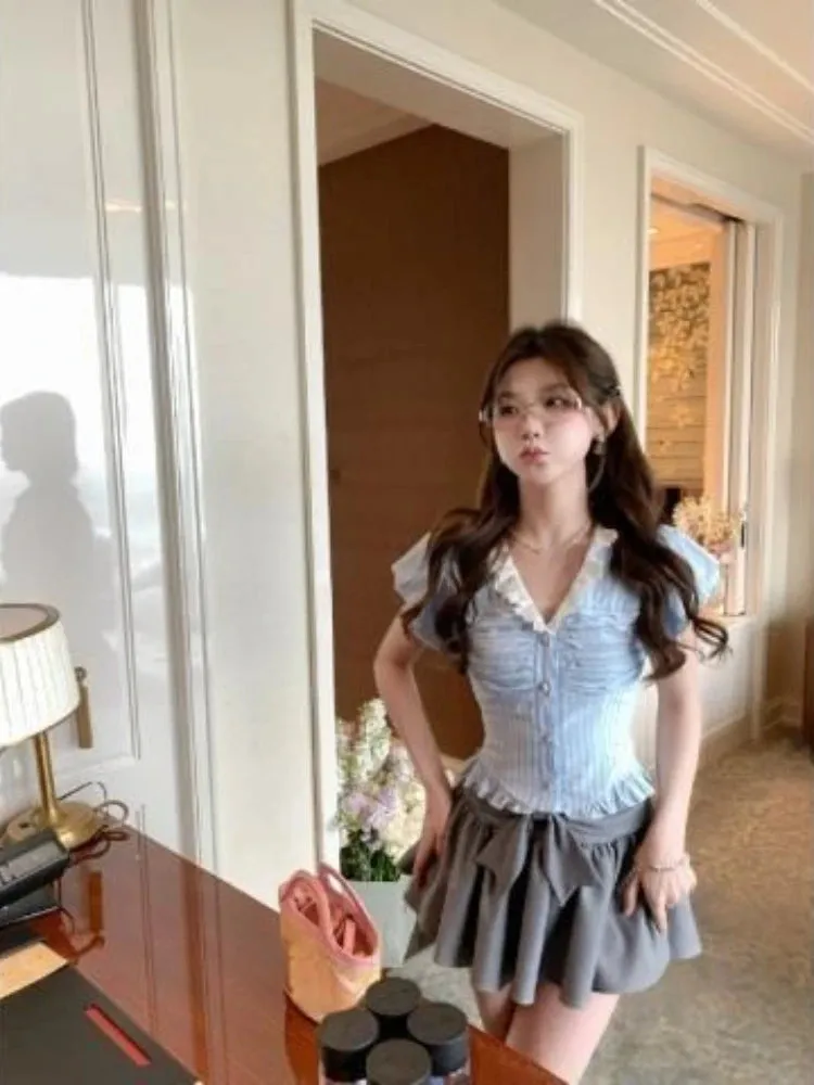 Girlary 2024 New Japanese Style Kawaii Suit Girls Cute Stripe Slim Bouse   Bow Y2k Mini Skirt Korean Fashion Sweet Skirt Set Woman Chic