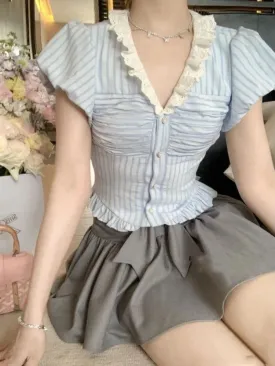 Girlary 2024 New Japanese Style Kawaii Suit Girls Cute Stripe Slim Bouse   Bow Y2k Mini Skirt Korean Fashion Sweet Skirt Set Woman Chic