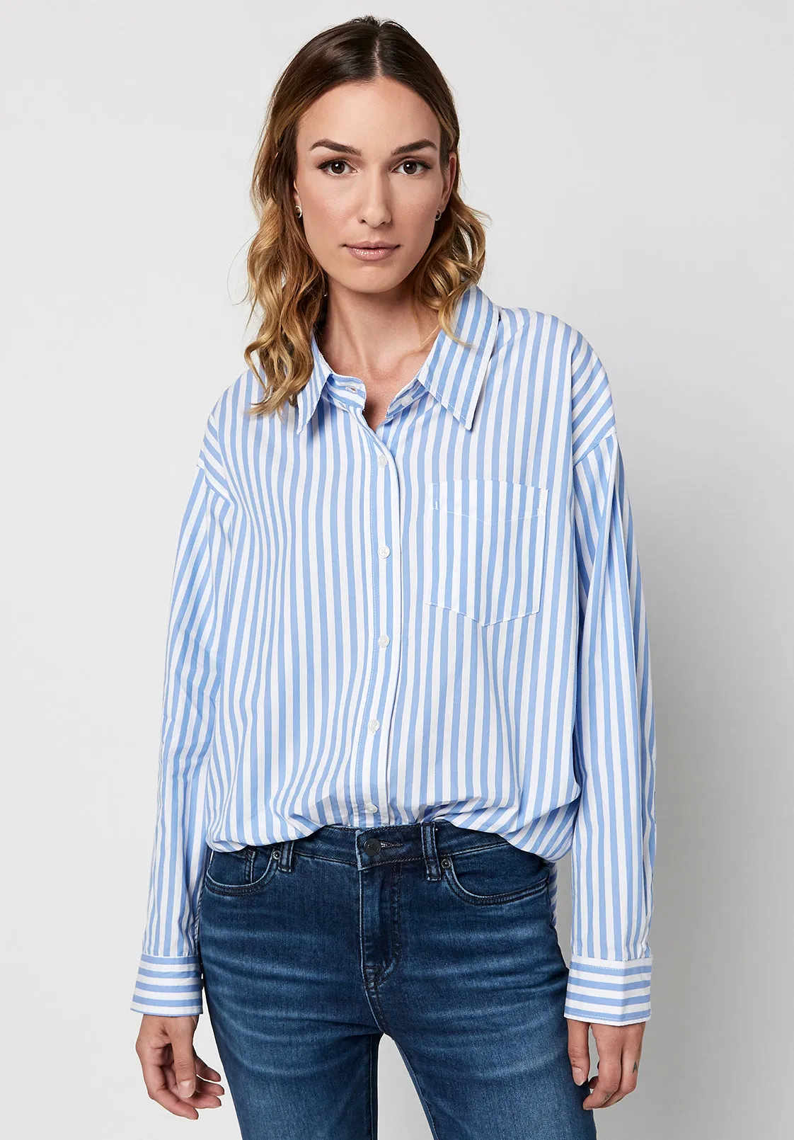 Hayden Women's Oversize Boyfriend Shirt in Striped Blue - WT0614H