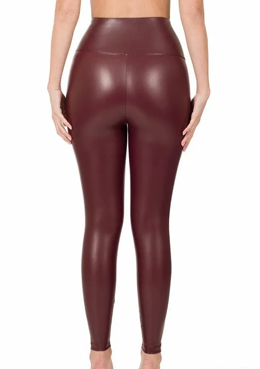 High Rise Faux Leather Leggings- Burgundy