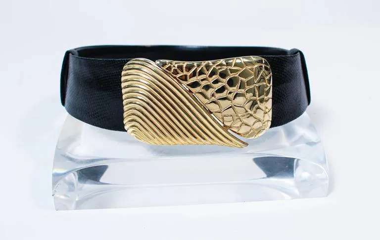 JUDITH LEIBER Vintage Black Lizard Belt with Large Gold Belt Buckle