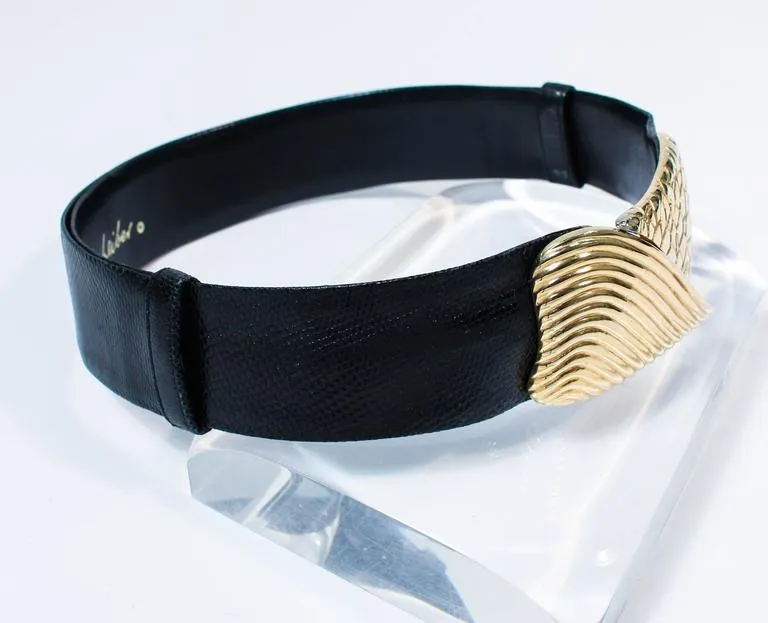 JUDITH LEIBER Vintage Black Lizard Belt with Large Gold Belt Buckle