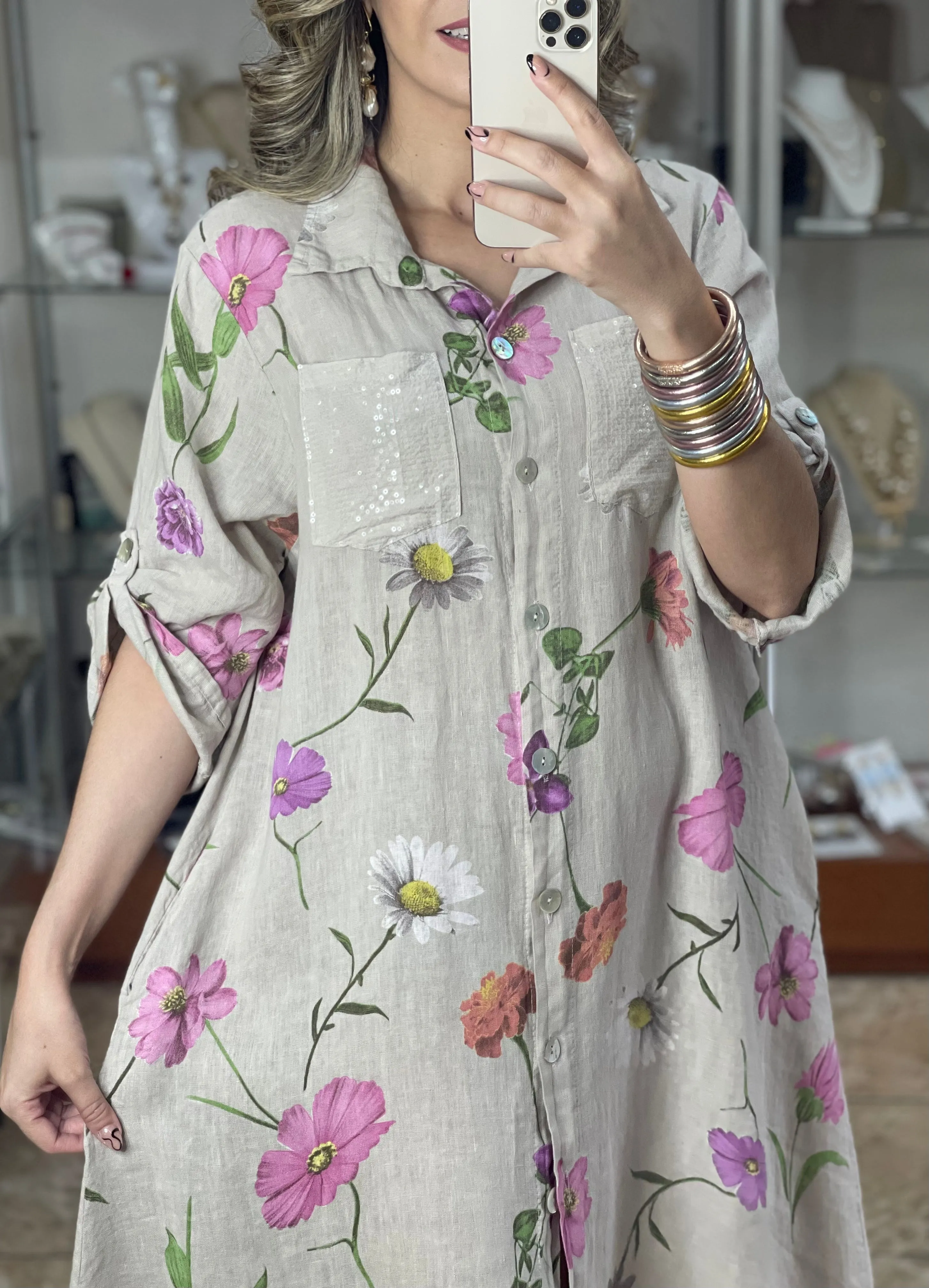 Linen Floral OS Maxi Dress
