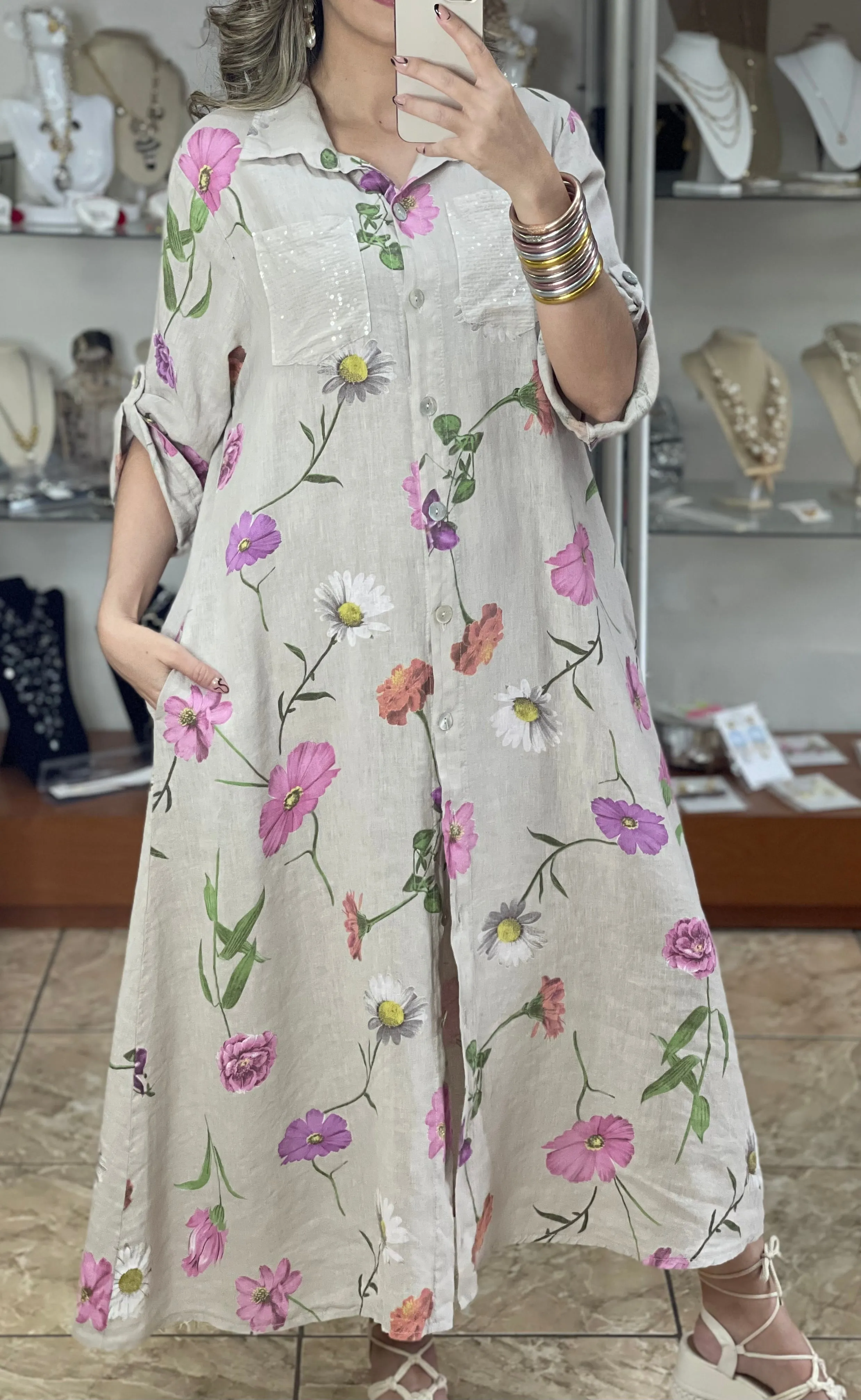 Linen Floral OS Maxi Dress