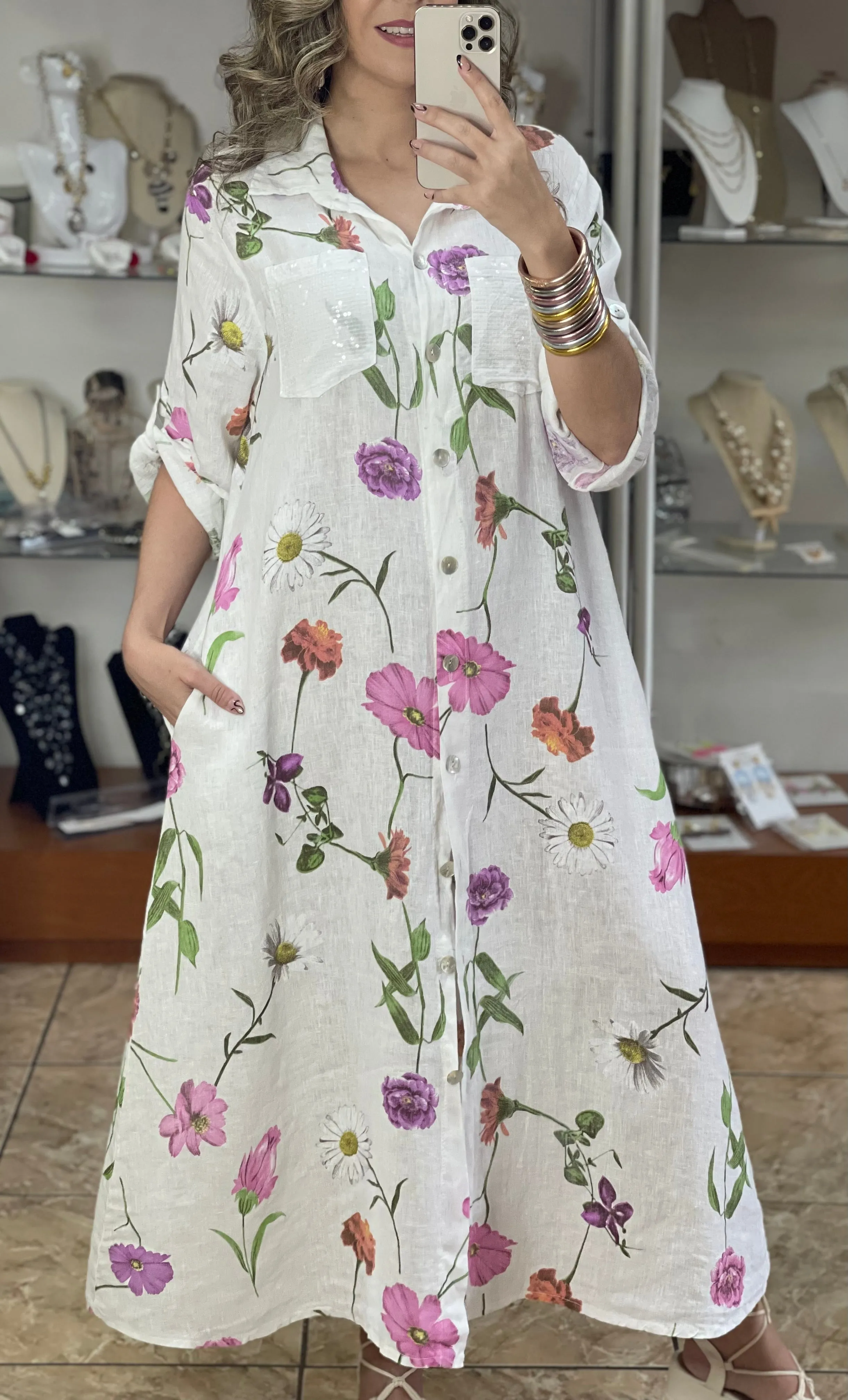 Linen Floral OS Maxi Dress