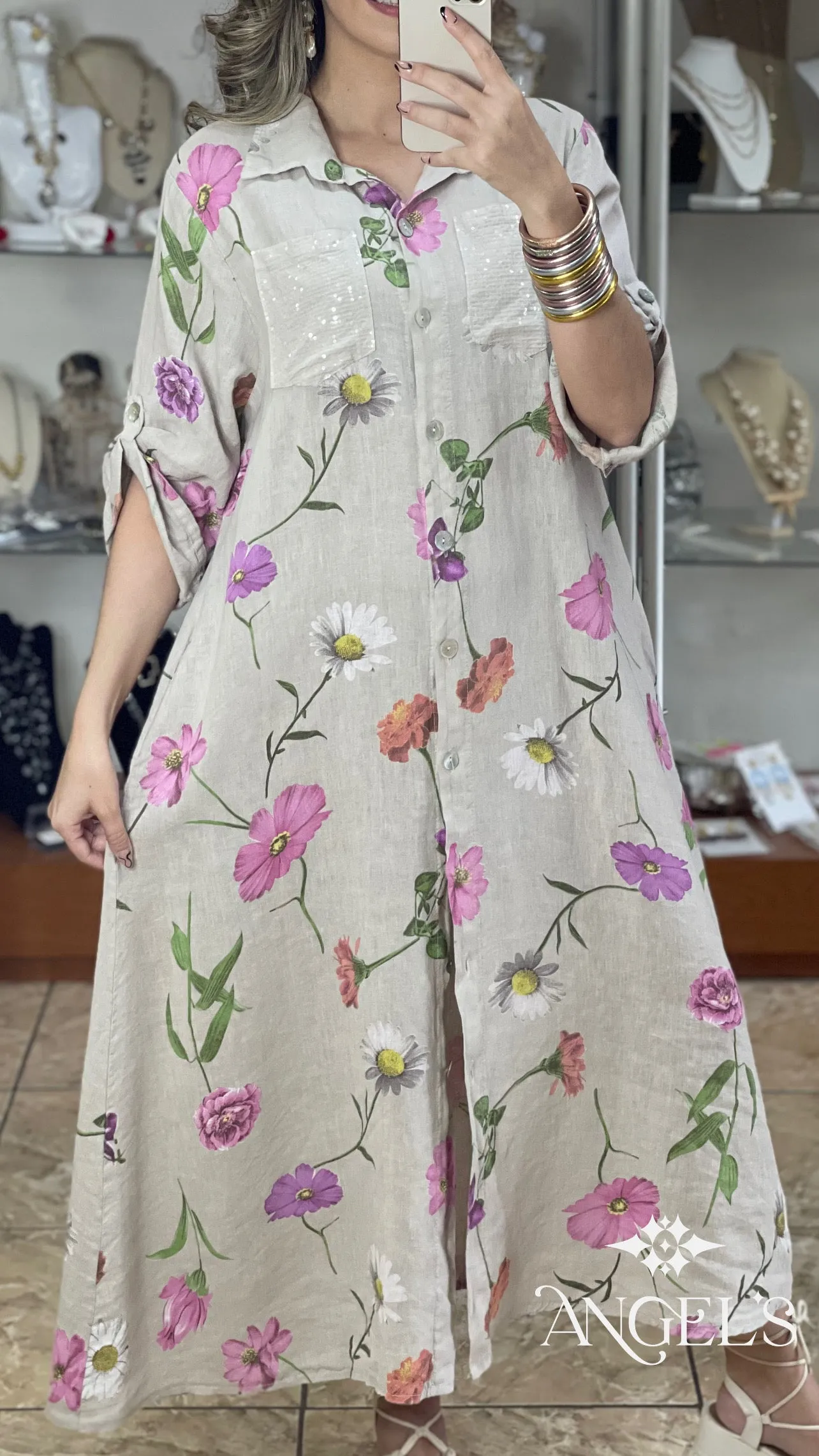 Linen Floral OS Maxi Dress
