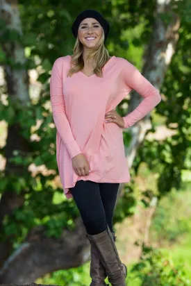 Long Sleeve V-Neck Piko Tunic - Peach