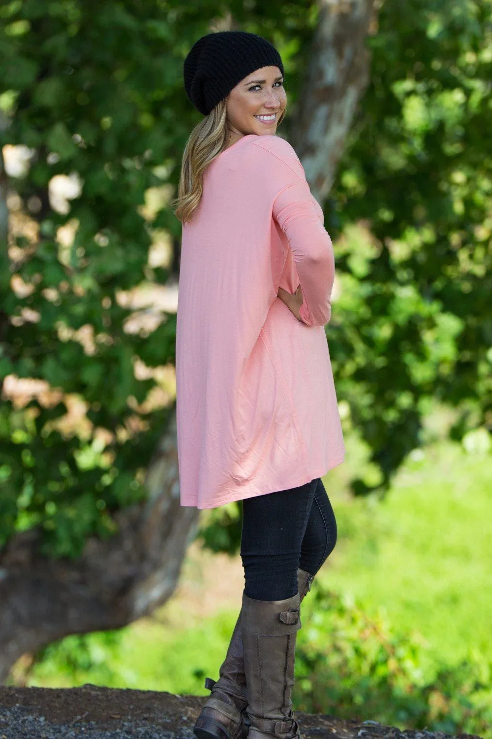Long Sleeve V-Neck Piko Tunic - Peach