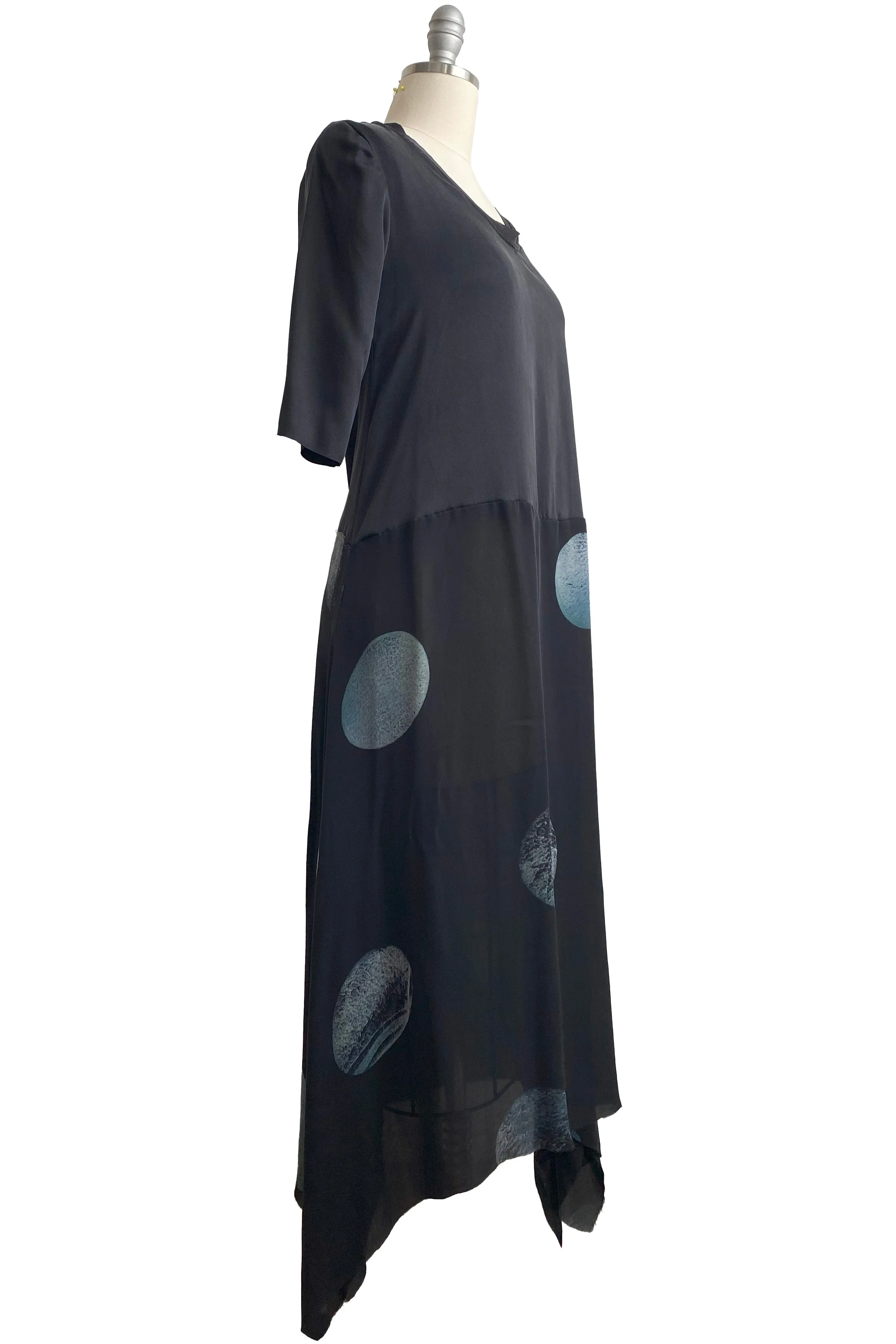 Marais Dress in Stretch Silk & Silk Georgette w/ Moon Print - Black & Grey -  Small