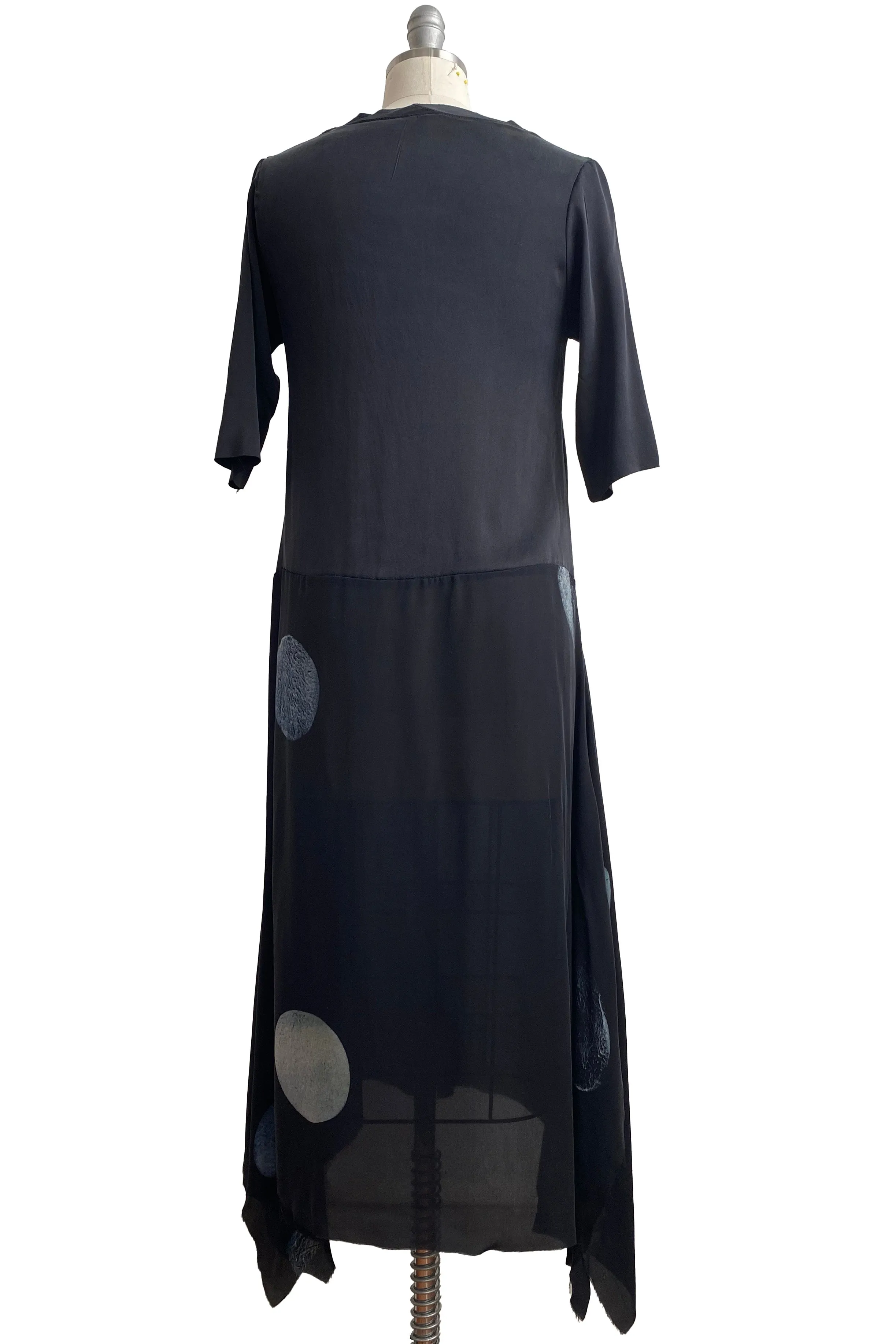 Marais Dress in Stretch Silk & Silk Georgette w/ Moon Print - Black & Grey -  Small