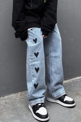 Men's Fashion Straight Fit Heart Printed Y2K Harajuku Casual Street  Style Denim Pant