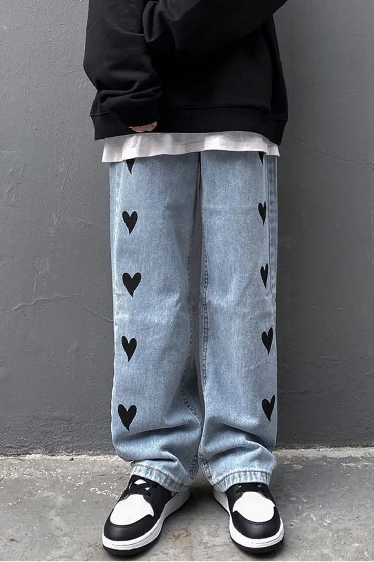 Men's Fashion Straight Fit Heart Printed Y2K Harajuku Casual Street  Style Denim Pant