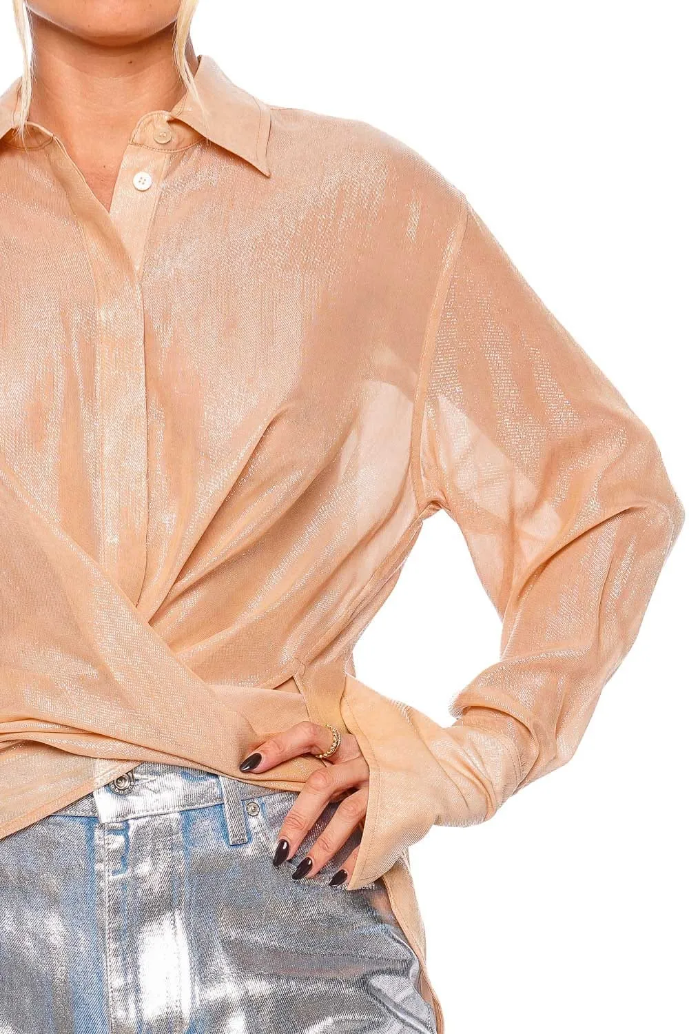 Silk Wrap Front Blouse with Rosewater Lurex Trimming