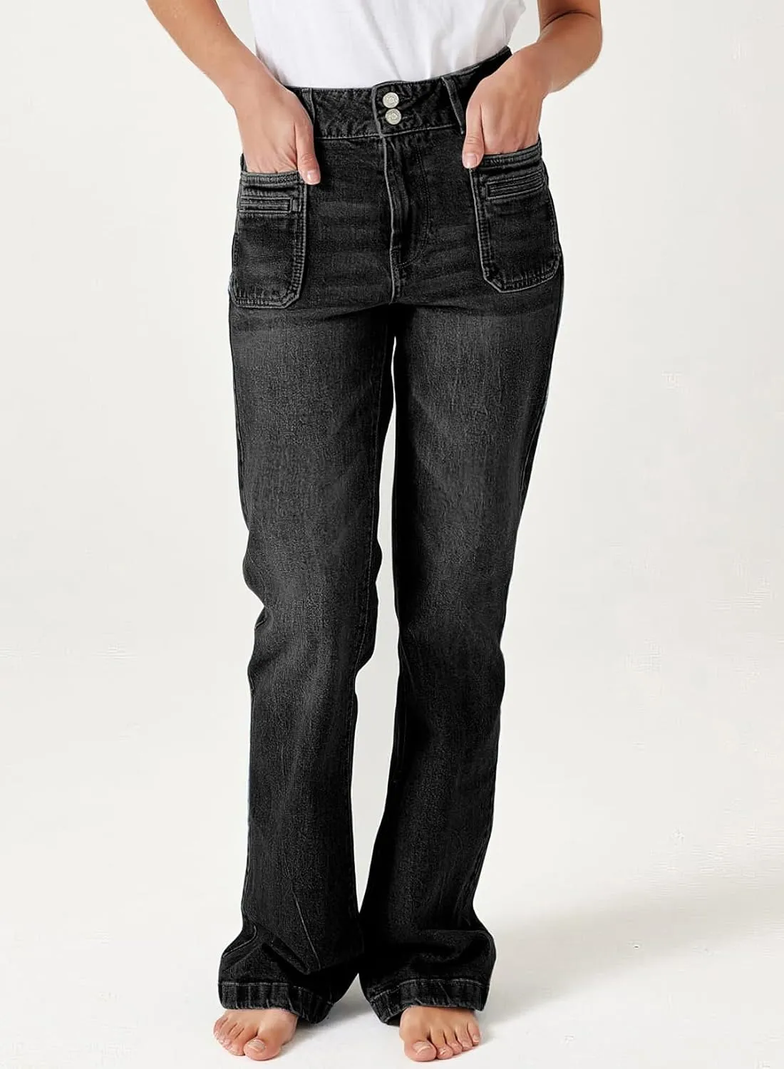 Sidefeel Women's Wide Leg Jeans High Waisted Tummy Control Stretchy Pockets Front Straight Leg Jeans