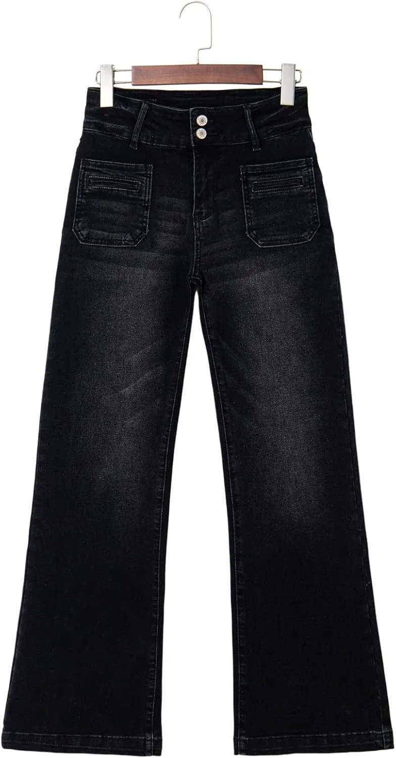 Sidefeel Women's Wide Leg Jeans High Waisted Tummy Control Stretchy Pockets Front Straight Leg Jeans