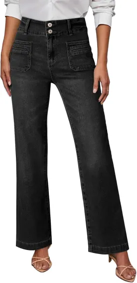 Sidefeel Women's Wide Leg Jeans High Waisted Tummy Control Stretchy Pockets Front Straight Leg Jeans
