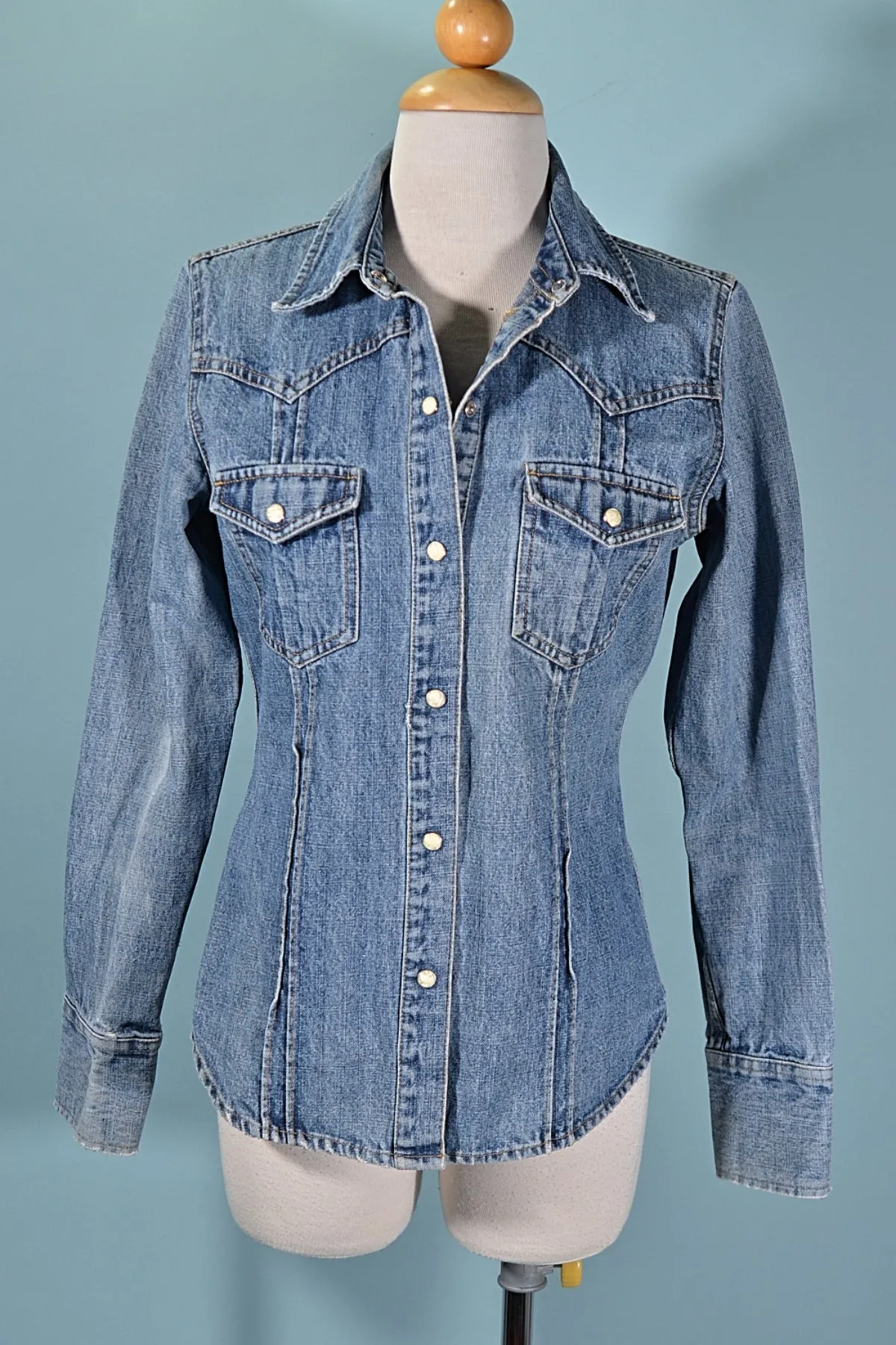 SOLD 90s Denim Western Snap Button Blouse by Arizona