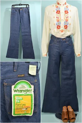 SOLD Vintage 70s Wrangler Slim Fit Flare Leg Bell Bottom Denim Jeans, UNWORN w/original Tags 28x32
