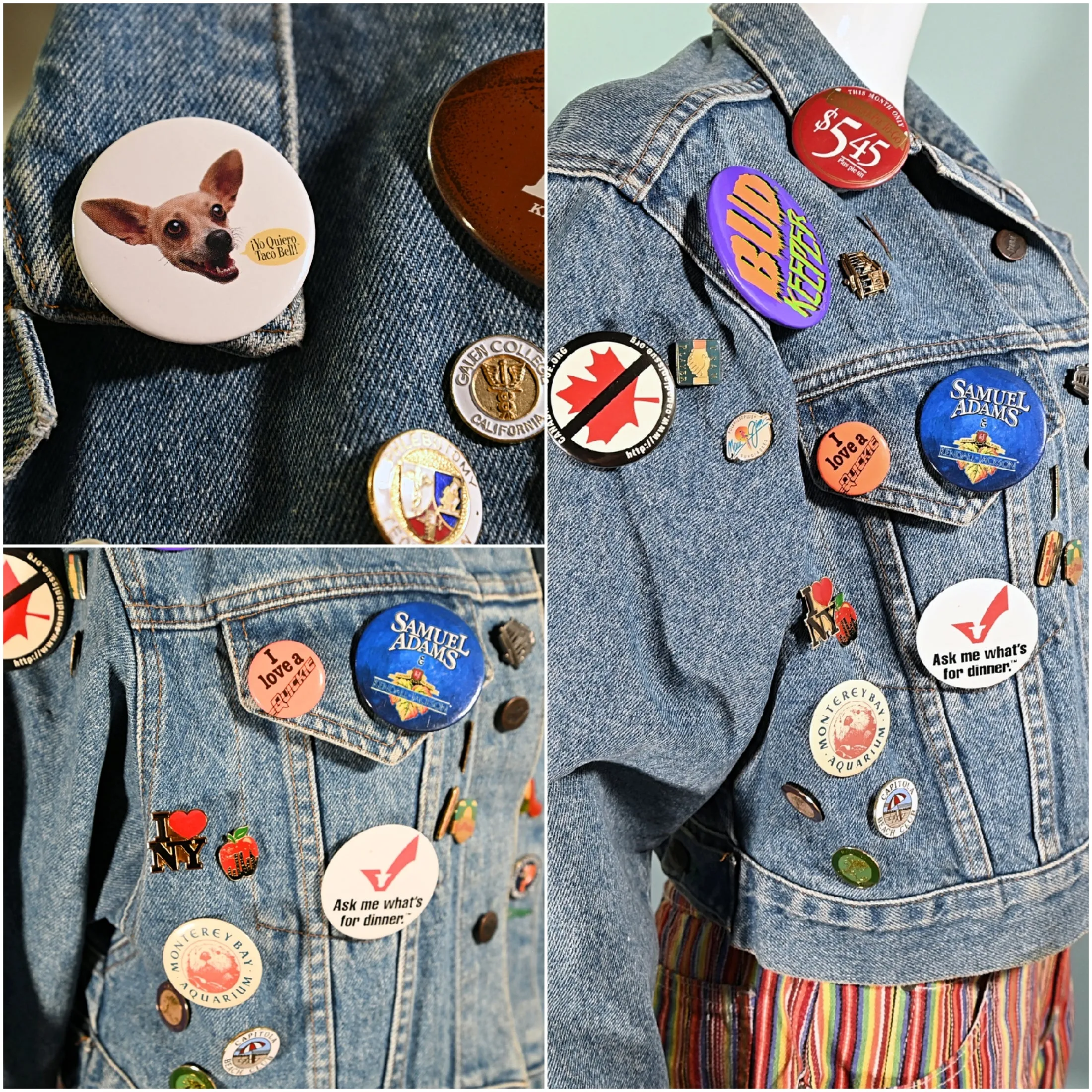 SOLD Vintage Cropped Bongo Denim Jacket, 90s Pins & Buttons, OOAK S