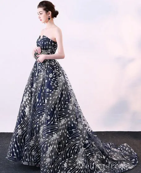 Sparkly Ball Gown Glitter Sequins Strapless Formal Dresses Court Train Evening Dresses #SED197
