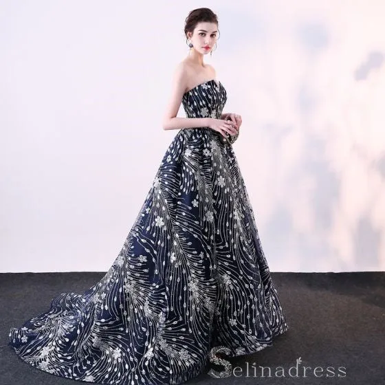 Sparkly Ball Gown Glitter Sequins Strapless Formal Dresses Court Train Evening Dresses #SED197