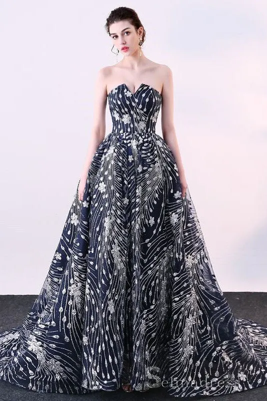 Sparkly Ball Gown Glitter Sequins Strapless Formal Dresses Court Train Evening Dresses #SED197