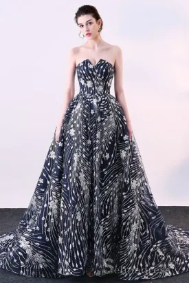 Sparkly Ball Gown Glitter Sequins Strapless Formal Dresses Court Train Evening Dresses #SED197