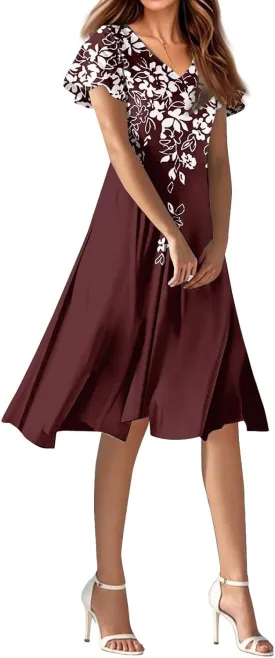 Spring Dresses for Women 2025 Weddingcasualflowyelegant Dress Ruffle Short Sleeve Floral Dresses Midi Chiffon Dress